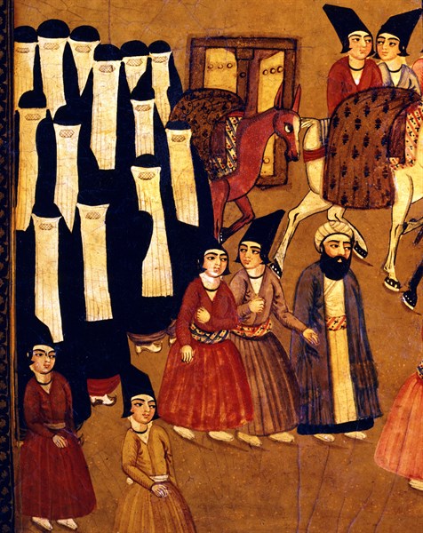 L'arrivée au sérail : cortège princier avec musiciens et concubines
