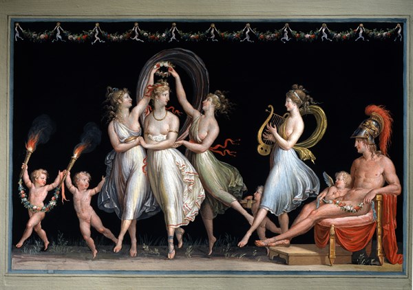 Venus and the three Graces dancing in front of Mars