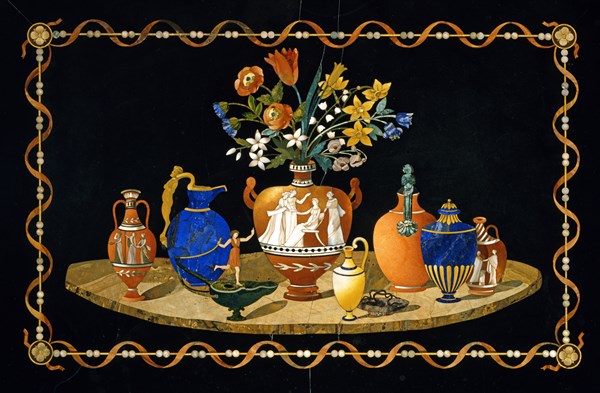 Plateau de table en marqueterie de pierres dures à décor de vases antiques