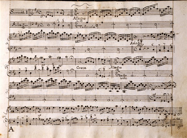 Copie manuscrite de la partition de la "Sonata per violino, violone e cembalo", d'Arcangelo Corelli