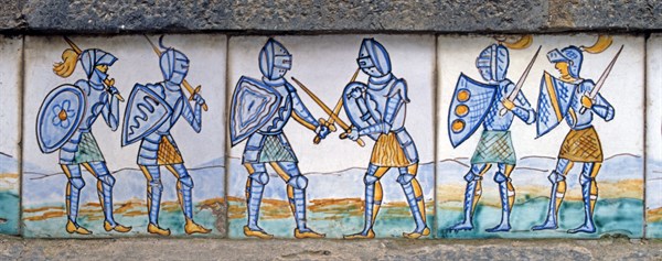Majolica, soldiers in armor with swords and shields.