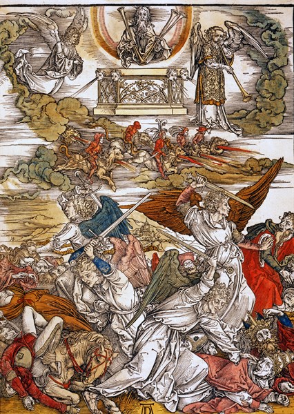 Albrecht Durer. At the sound of the trumpet of the sixth angel, the four angels chained to the Euphrates are free, and ready to kill a third of humanity