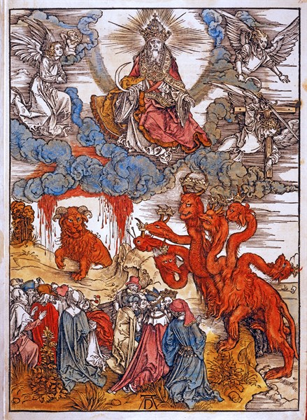 Albrecht Durer. The beast has seven heads that work great wonders, like the rain from the sky. The great dragon that came out of the sea, forcing mankind to worship the seven-headed Beast