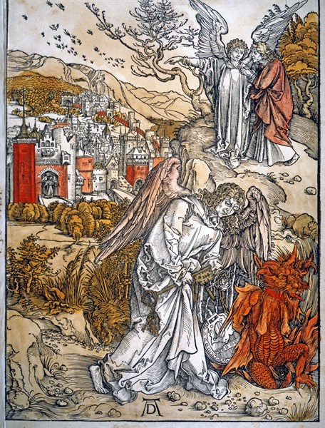 Albrecht Durer. The angel descends from heaven with the keys of the abyss, and traps the demon, who will remain locked up for a thousand years