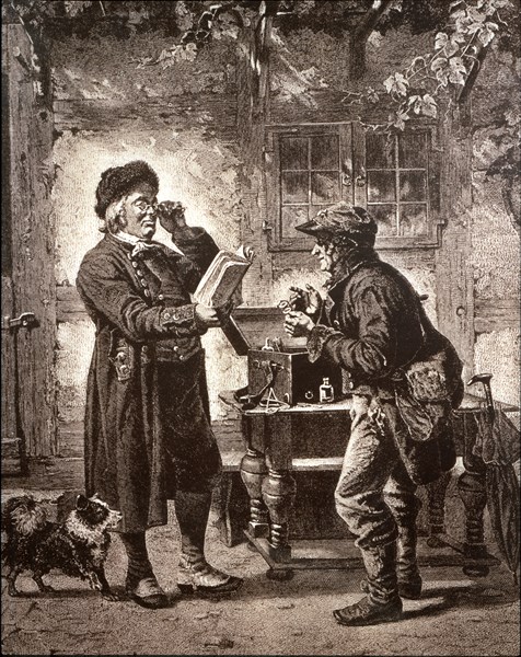 Mobile eyeglass salesman, with a customer.