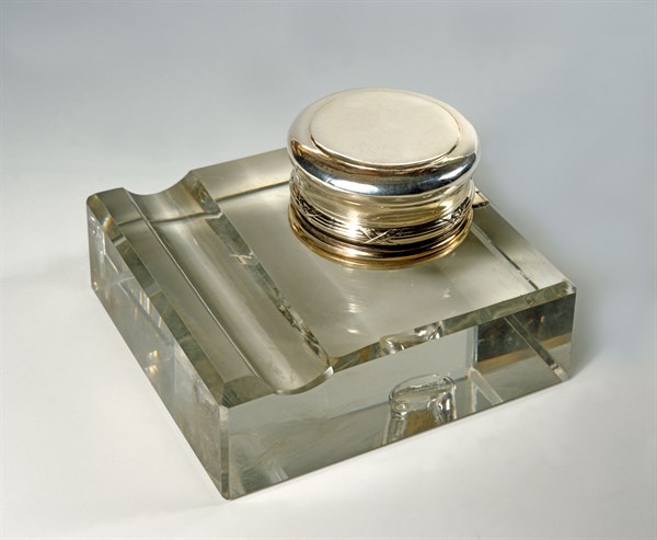 Crystal and silver inkwell.