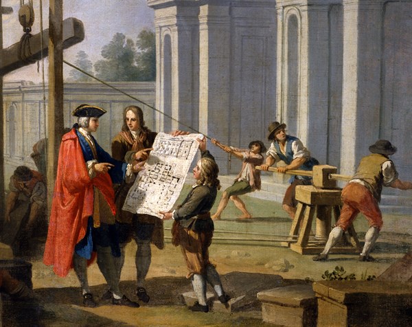 Zocchi, The Arts: Architecture. The architect follows the construction of a building. Detail.