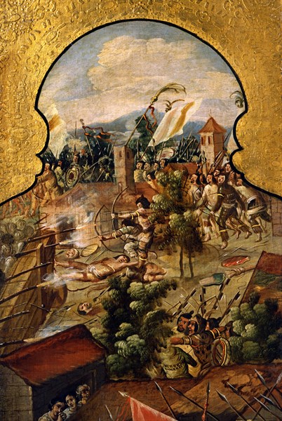 Screen decorated with scenes from the Spanish conquest
