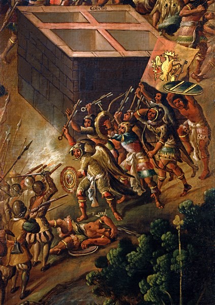 Screen decorated with scenes from the Spanish conquest