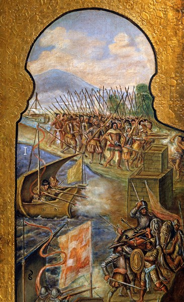 Paravent décoré de scènes de la conquête espagnole