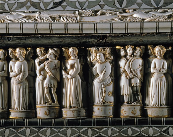 Coffret en os sculpté et bois décoré