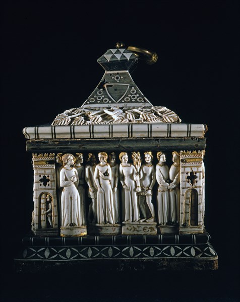 Coffret en os sculpté et bois décoré