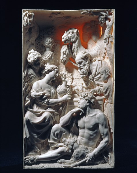 Ivory plaque representing Rebecca and Eliezer