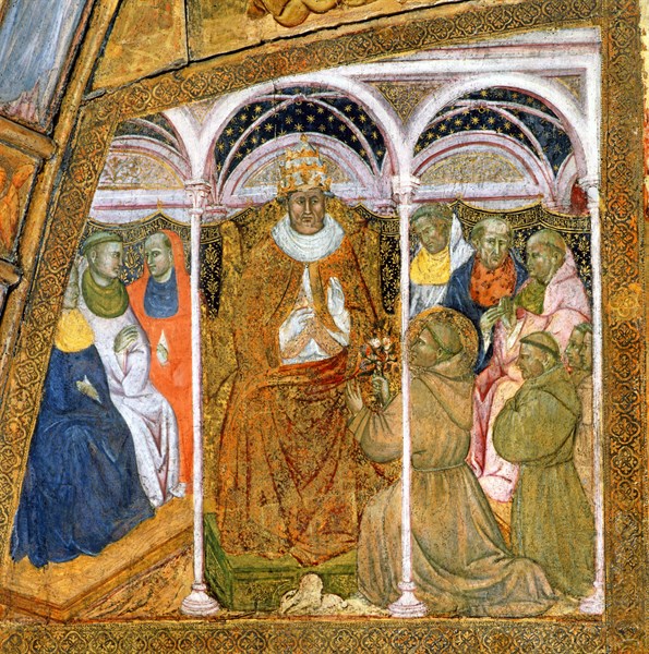 Saint Francis, accompanied by monks, asks Pope Honorius III for plenary indulgence for Assisi