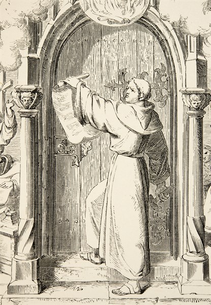 Martin Luther's life: Martin Luther displays his 95 theses on the portal of the Schlosskirche (All Saints' Church) in Wittemberg