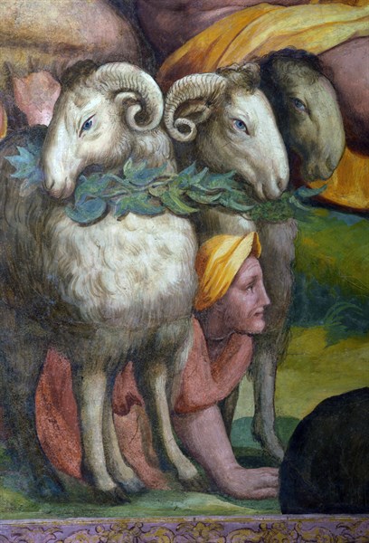 Allori, Ulysse et ses compagnons sortent de la grotte de Polyphème en se cachant parmi les moutons (détail)
