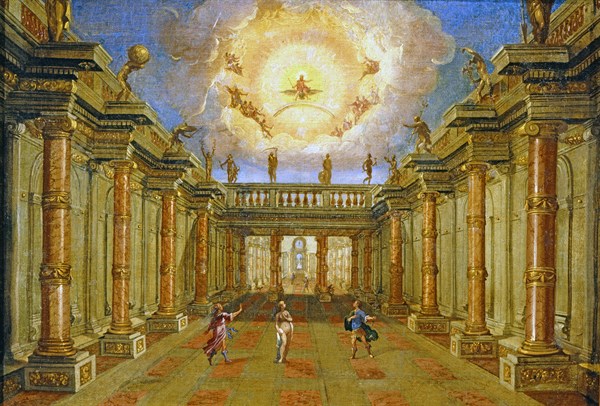 Décor de l'opéra "La Vénus jalouse" : La cour du palais royal de Naxos, Jupiter dans le Ciel