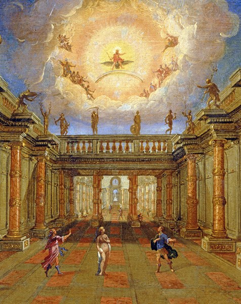 Décor de l'opéra "La Vénus jalouse" : La cour du palais royal de Naxos, Jupiter dans le Ciel (détail)