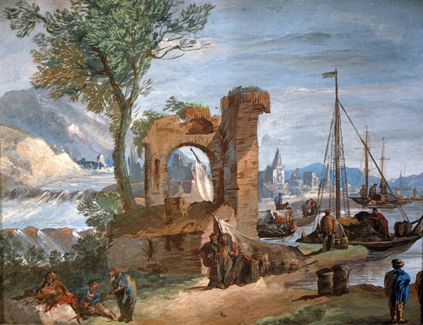 Giuseppe Bernardino Bison, Paysage imaginaire. Port avec ruines et cascade