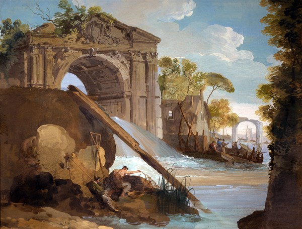 Giuseppe Bernardino Bison, Paysage imaginaire. Rivière avec pêcheurs et ruines