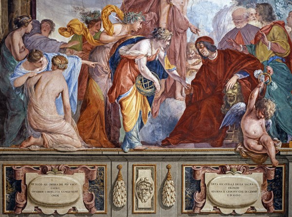 Lorenzo de' Medici and Apollo welcome the muses, arts and virtues in Florence