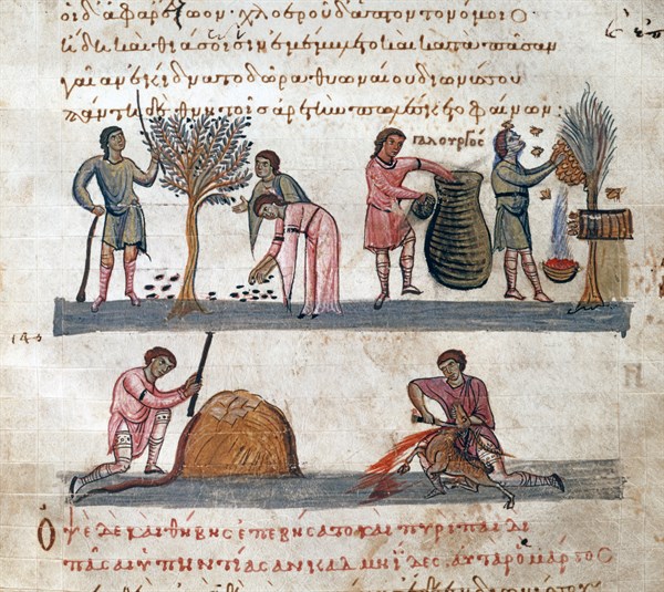 Oppien d'Apamée, "Cynégétiques" : La vie de l'agriculteur. La récolte des olives, du miel, le battage du blé, et l'abattage du mouton