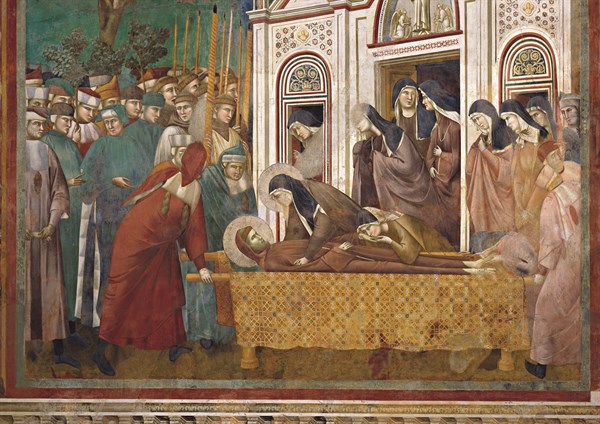 Giotto, Le cortège funéraire s’arrête devant l’église San Damiano et sainte Claire se lamente sur le corps de saint François (détail)