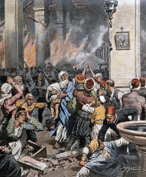 Les massacres en Turquie asiatique, des milliers d'Arméniens brûlés vifs par les Turcs dans une église catholique à Adana (1909)