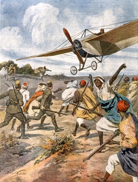 Guerre italo-turque. Les dangers de l'aviation : le capitaine Moizo lors d'un vol entre Tripoli et Zuara doit descendre pour une panne et est fait prisonnier (1912)