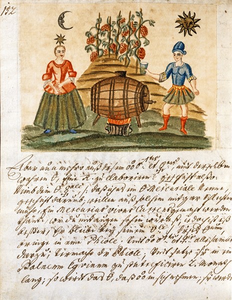 Conjonction alchimique des amoureux, soleil et lune, manuscrit alchimique "Clavis Artis" attribué à Zoroastre (Zarathoustra)