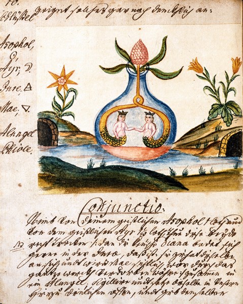 Athanor : ampoule dans laquelle l'argent rejoint l'or et l'eau se transforme en essence universelle, manuscrit alchimique "Clavis Artis" attribué à Zoroastre (Zarathoustra)
