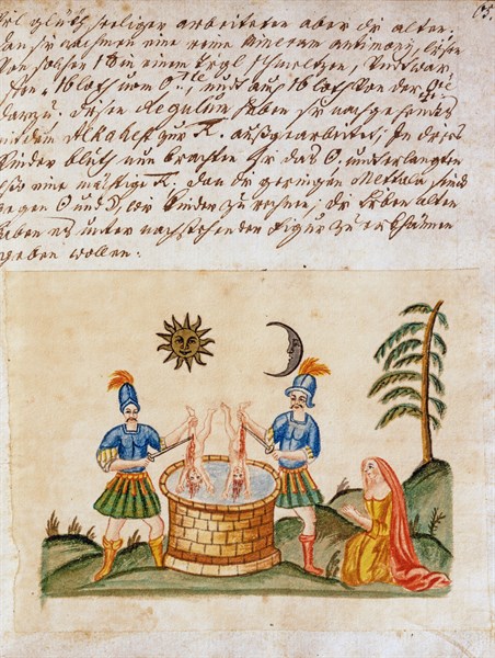 Représentation allégorique de l'Opus Alchemicum. Massacre des innocents. Le soleil préside à l'union des amoureux, manuscrit alchimique "Clavis Artis" attribué à Zoroastre (Zarathoustra)