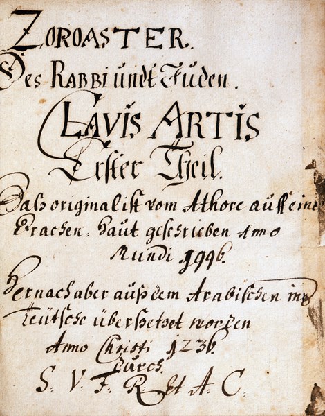 Page-titre du manuscrit alchimique "Clavis Artis" attribué à Zoroastre (Zarathoustra)