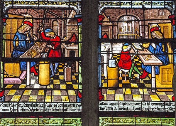 Vitrail de la Vie de saint Eloi : saint Eloi et son apprenti dans son atelier d'orfèvrerie