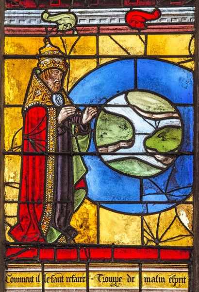 Vitrail de la Genèse : Dieu sépare la terre des eaux et ordonne à la terre de produire des arbres, des fleurs et des fruits