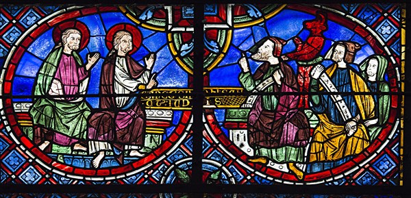 Les saints Simon et Jude face aux sorciers Zoroes et Arphatax (vitrail de Chartres)