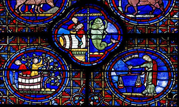 Chartres Cathedral, stained glass window of the Zodiac and the Works of the Months