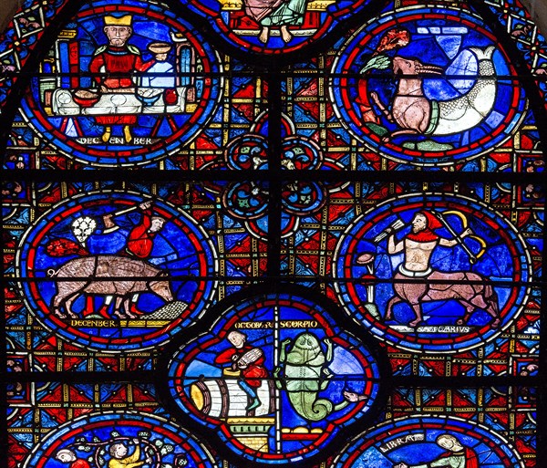 Chartres Cathedral, stained glass window of the Zodiac and the Works of the Months