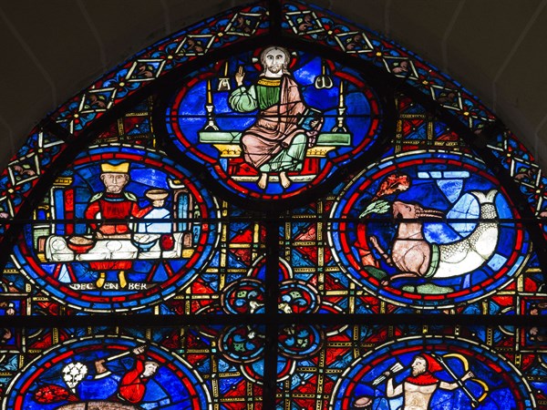 Chartres Cathedral, stained glass window of the Zodiac and the Works of the Months