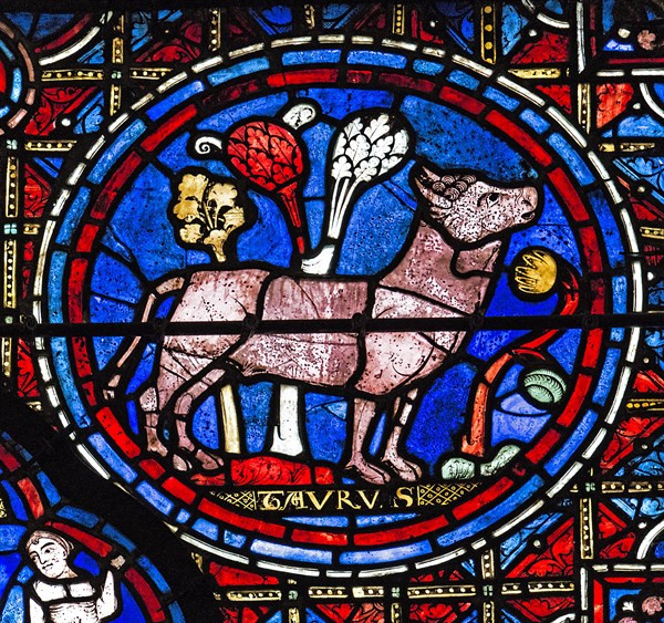 Chartres Cathedral, stained glass window of the Zodiac and the Works of the Months