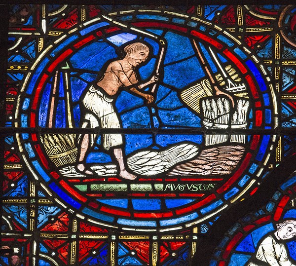 Chartres Cathedral, stained glass window of the Zodiac and the Works of the Months