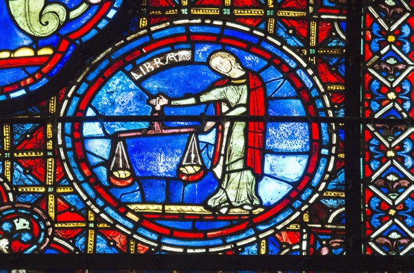 Chartres Cathedral, stained glass window of the Zodiac and the Works of the Months