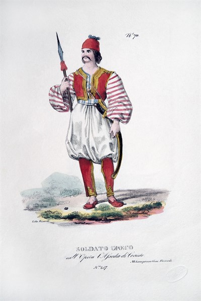 Stage costume for the character of of a Greek soldier in Rossini's ‘Le Siège de Corinthe’