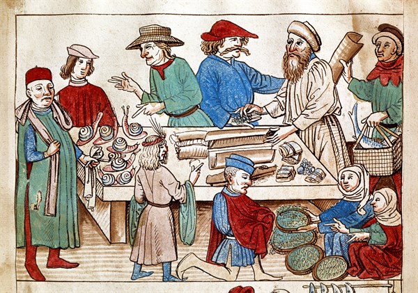 Richenthal, Market scene, vendors selling fish, snails and seafood