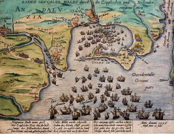 Hogenberg, Le siège de Cadix par les Anglais et les Hollandais, en juin et juillet 1596