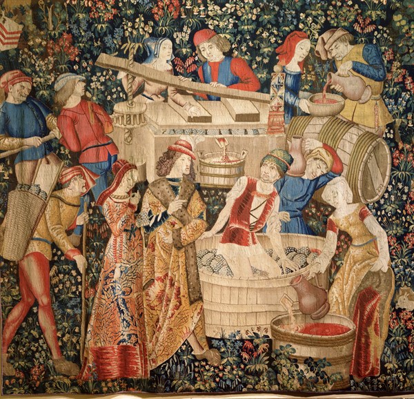 Les vendanges (partie gauche de la tapisserie)