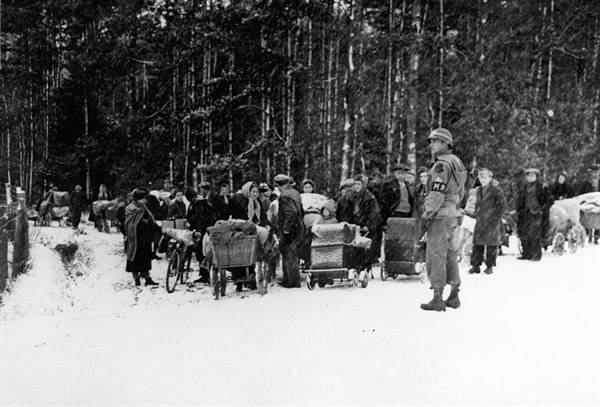 French civilians evacuate war areas near Germany frontier (1945)