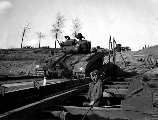 A U.S General Pershing tank crosses the Rhine river  (Germany) March 30, 1945