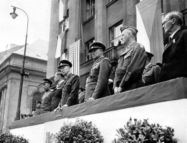 U.S General and Czech leaders review fighting Brigade in Prague (Czechoslovakia), May 30,1945
