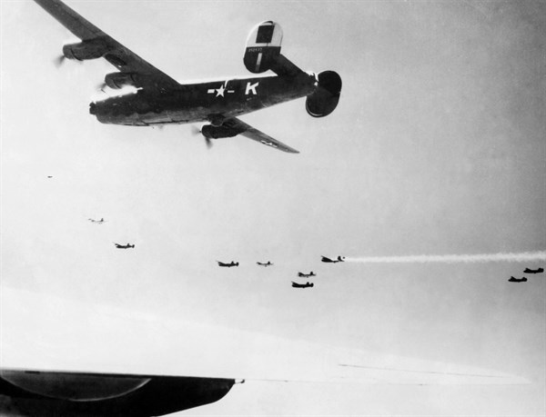 B-24 returns in flames from a aerial attack in Bulgaria June 28, 1944